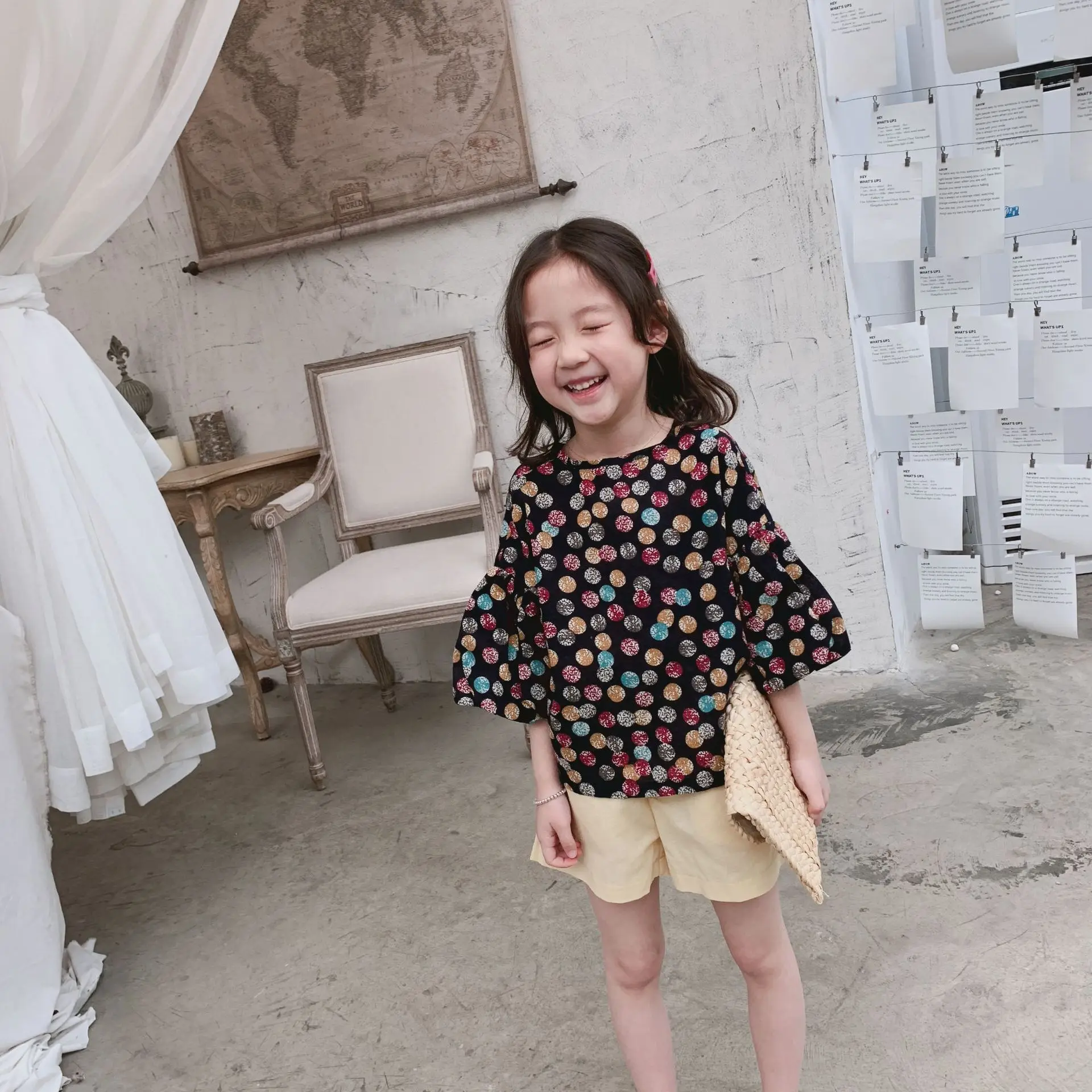 Лето, стиль, корейский стиль, Детские двухцветные топы со шнуровкой сзади и шорты с высокой талией