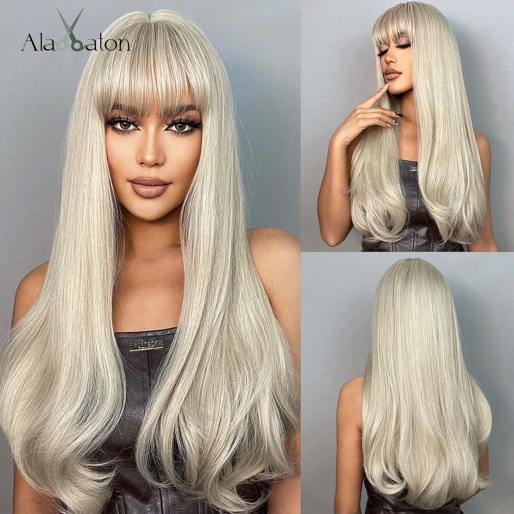 

ALAN EATON Platinum Blonde Synthetic Wigs for Women Long Straight Slight Wave Wigs with Bangs Cosplay Party Daily Heat Resistant