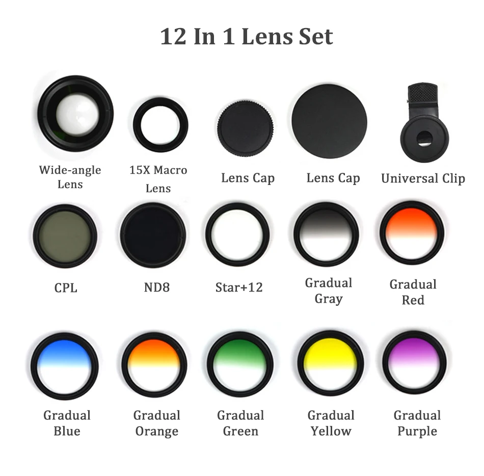 0.45 x phone lens SANYK 12 In 1 Mobile Phone Lens  Filter Set 0.45x Wide-angle 15x Macro 37mm Starlight Dimming Cpl Gradient Filter phone zoom lens