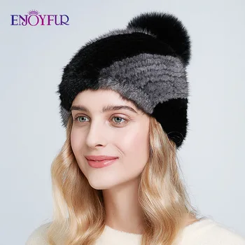 

ENJOYFUR Winter mink fur hats for women high quality knitted mink fur caps patchwork color beanies with fur pompom