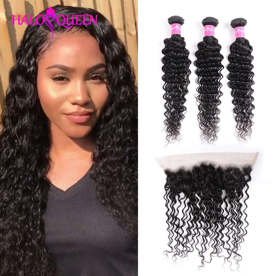 Najtaniej Zestawy HALOQUEEN z głębokimi falami z 13*4 czołowymi wiązkami malezji z zamknięciem wiązki ludzkich włosów w kolorze naturalnym z czołem