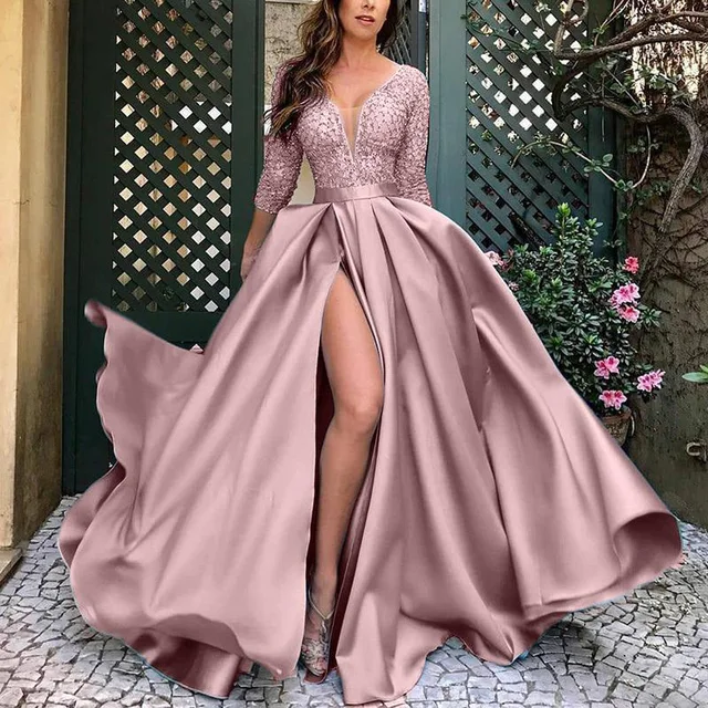 Vestido De Fiesta Elegante Baja Escote En V Manga Corta Escote En V | islamiyyat.com