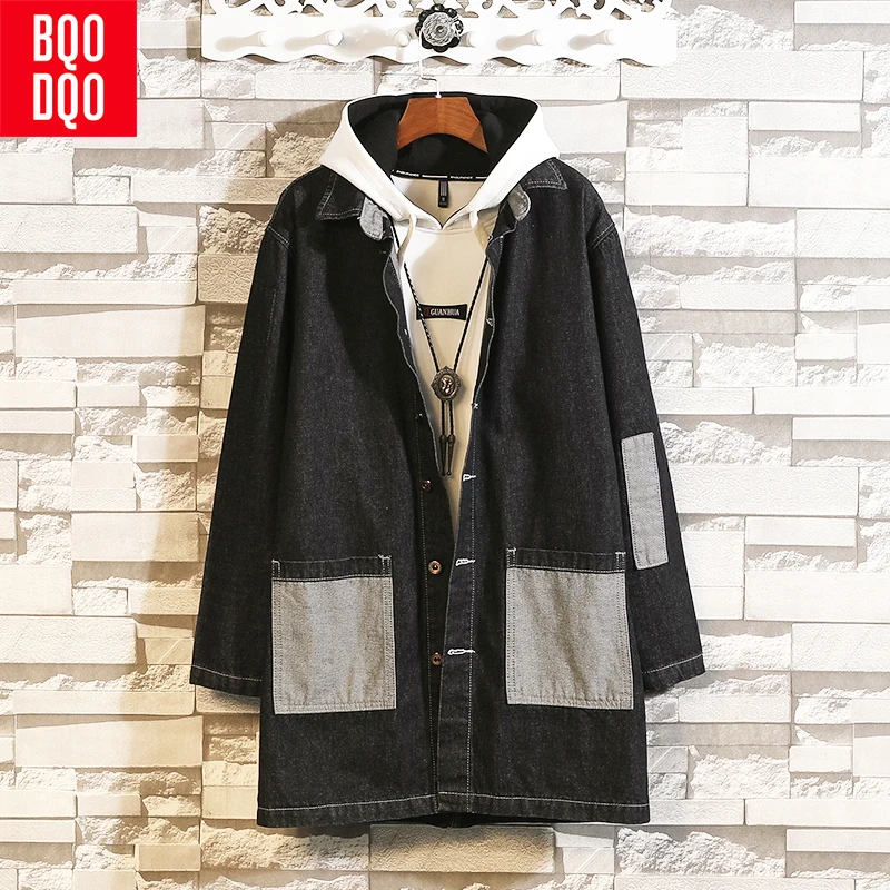 

Black Cartoon Print Denim Cotton Jacket Men Autumn Hip Hop Baggy Coats and Jackets Men's Turn-down Collar Streetwear Long Coat