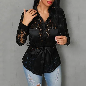 

Sexy See Through Lace Blouse Shirt Woman 2020 Turn Down Collar Tunic Summer Office Ladies Long Sleeve Womens Tops And Blouses