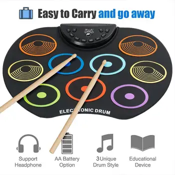 

Electronic Drum Kit Roll-Up Drum Set 9 Silicon Drum Pads Set Portable Colorful Electric Drum Pad Kit With Drum Sticks Foot Pedal