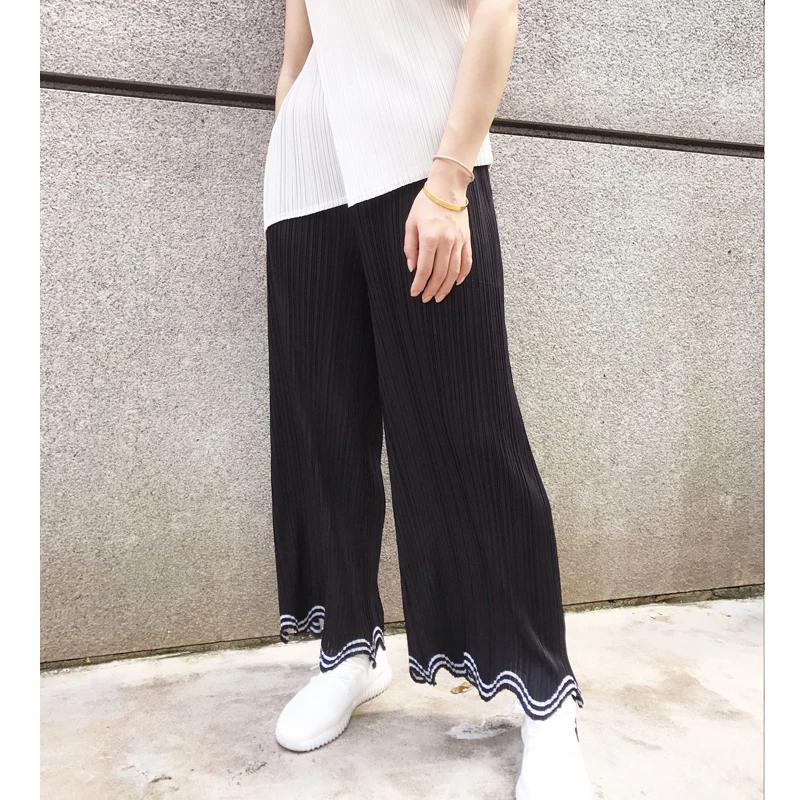 Горячая Miyake модные тонкие складные узкие боковые прямые брюки длинные штаны широкие брюки