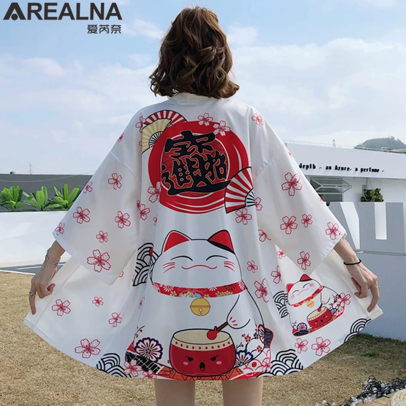 Japanese Kimono Traditional Anime Lucky Cat Women Cardigan with Blet Dress Summer Beach Yukata
