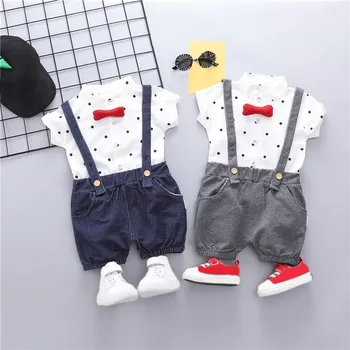 

2019 Summer Kids Baby Boys 2Pcs/Set Short Sleeve Polka Dot Print Tops Shirts+Strap Shorts Casual Outfits Sets