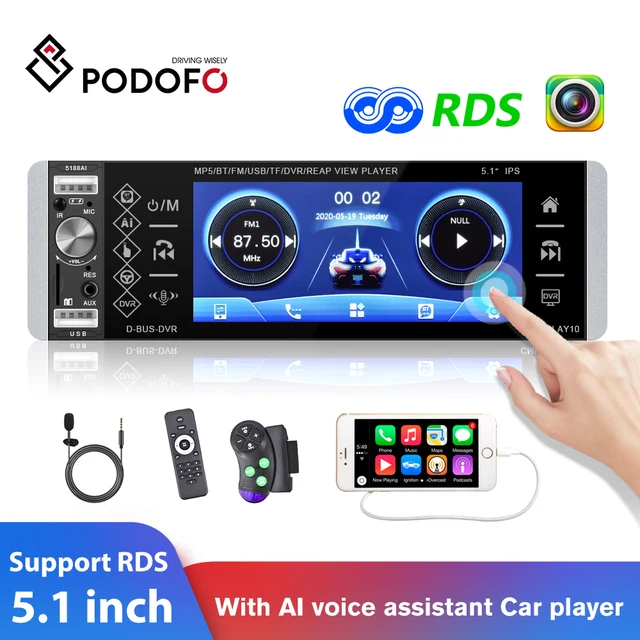 Podofo – autoradio avec lecteur MP5, écran tactile 5.1 pouces, RDS, AM, FM, 4 usb, interconnexion bidirectionnelle, compatible Android, Mirrorlink, 1din 