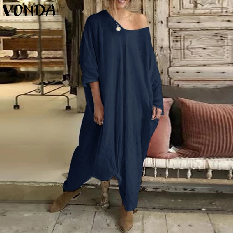 Летнее платье макси с рукавом до локтя, размер d VONDA, Женские однотонные платья размера плюс для вечеринок, винтажное пляжное платье, 5XL, богемное платье