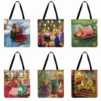 

European Pastoral Cartoon Rabbit Printed Tote Bag Women Shoulder Bag Casual Tote Foldable Shopping Bag Reusable Beach Bag