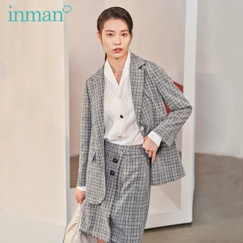 

INMAN 2020 Spring New Arrival Literary Retro Check Grey Two-button Suit Skirt Loose Suit