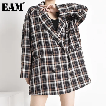 

[EAM] Women Black Plaid Printed Oversized Blazer New Lapel Long Sleeve Loose Jacket Fashion Tide Spring Autumn 2020 1X14301