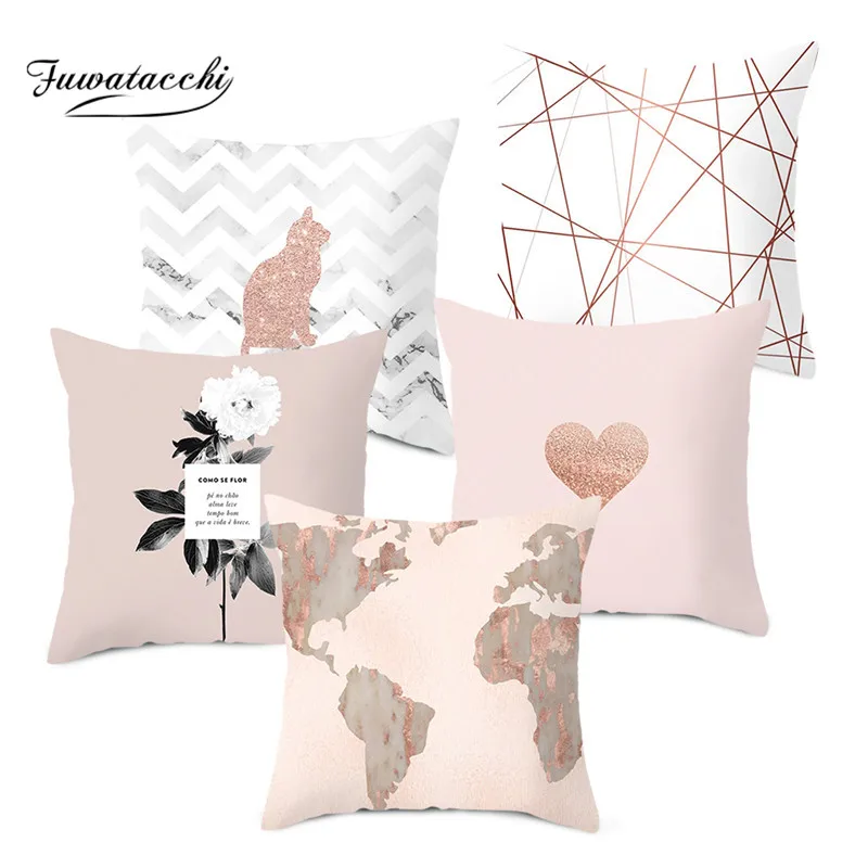Fuwatacchi Rose Gold Geometric Cushion Cover Flower Decorative Pillows Cover for Home Sofa Bed Polyester Throw Pillowcases 45*45