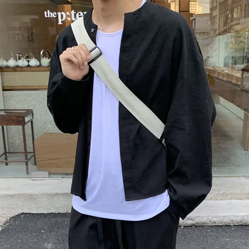 

Autumn Korean Style Collarless Shirt Men's Fashion Solid Color Casual Shirts Mens Streetwear Wild Loose Long-sleeved Shirt Men