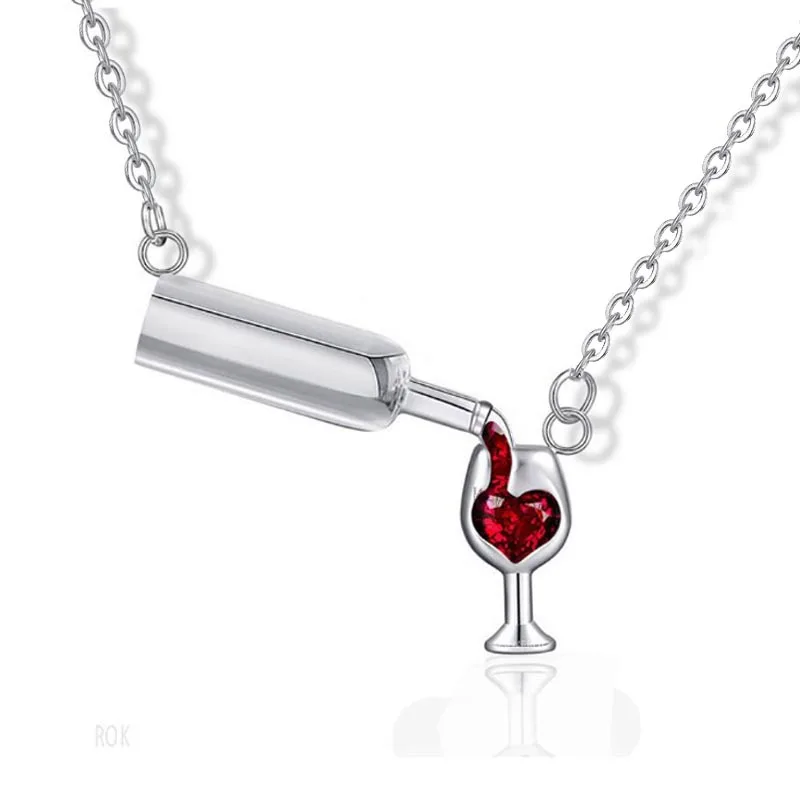 Женская мода, циркониевое сердце, красное вино, бутылка, ожерелье, индивидуальный симпатичный с кристаллами подвеска-ожерелье, модные ювелирные изделия, подарок для девочки - Окраска металла: Silver