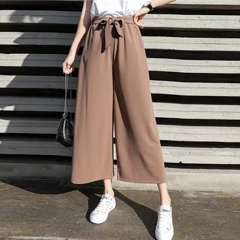 

Z Pants Women Casual Office Lady Loose Chiffon Wide Leg Pants Elastic High Waist Trousers Women Solid Pants pantalones mujer -