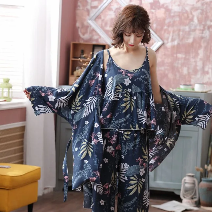 

2020 Spring New Products Tatting Cotton Silk Women's Three-piece Set Pajamas Comfortable Cotton "Home Wear Outer Wear