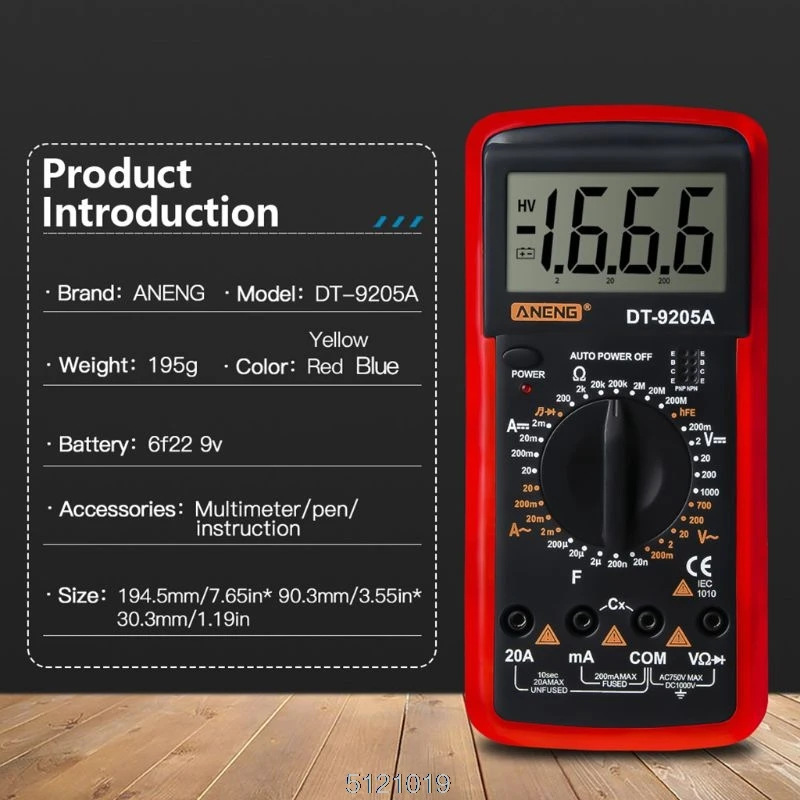 DT9205A Цифровой мультиметр hFE AC DC триодное сопротивление диода Amp электрический тестер