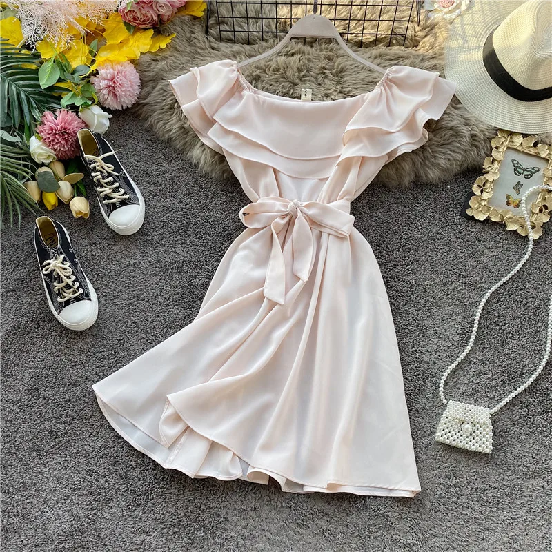 SINGRAIN Summer Women Off Shoulder Dress Bohemian Romantic Ruffle Sundress Party Holiday A-Line Retro Solid Chiffon Beach Dress