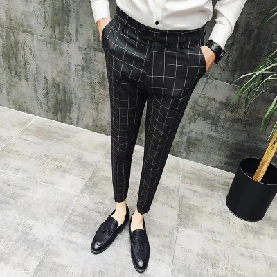 Pantalones de vestir a cuadros para hombre, traje negro ajustado, informal,  personalizado, versión coreana, gris, novedad de 2020 - AliExpress Ropa de  hombre