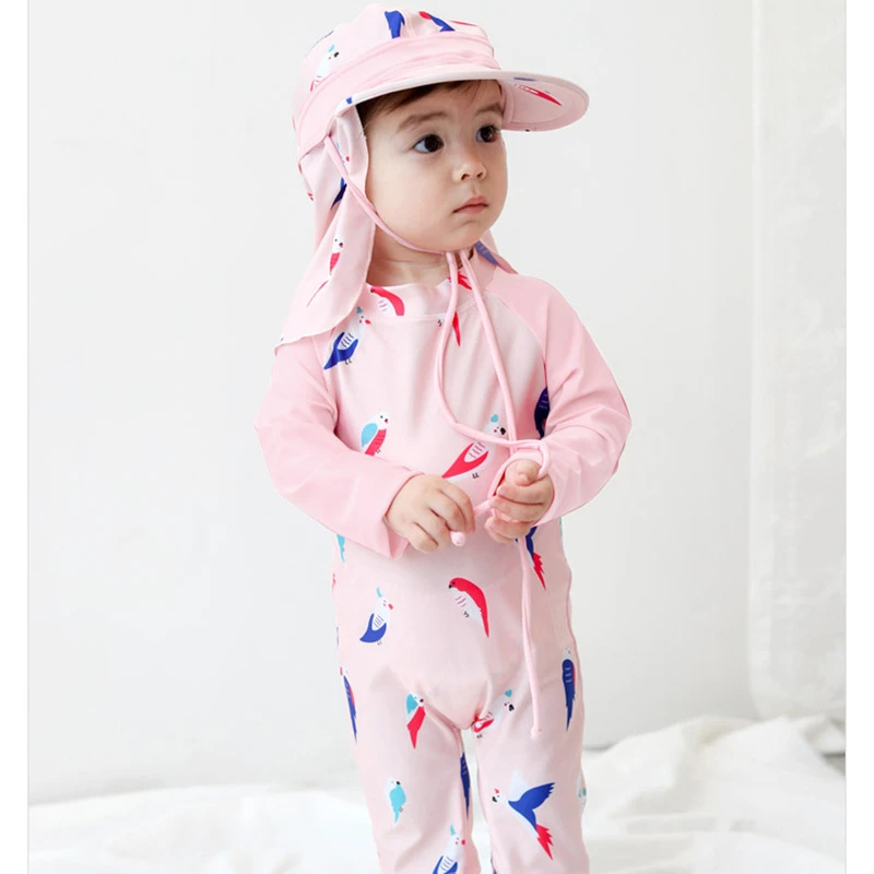 Купальный костюм для маленьких девочек 1-8 лет, Цельный купальник для девочек, детский розовый купальник с принтом птицы, пляжная одежда для девочек с шапочкой для плавания