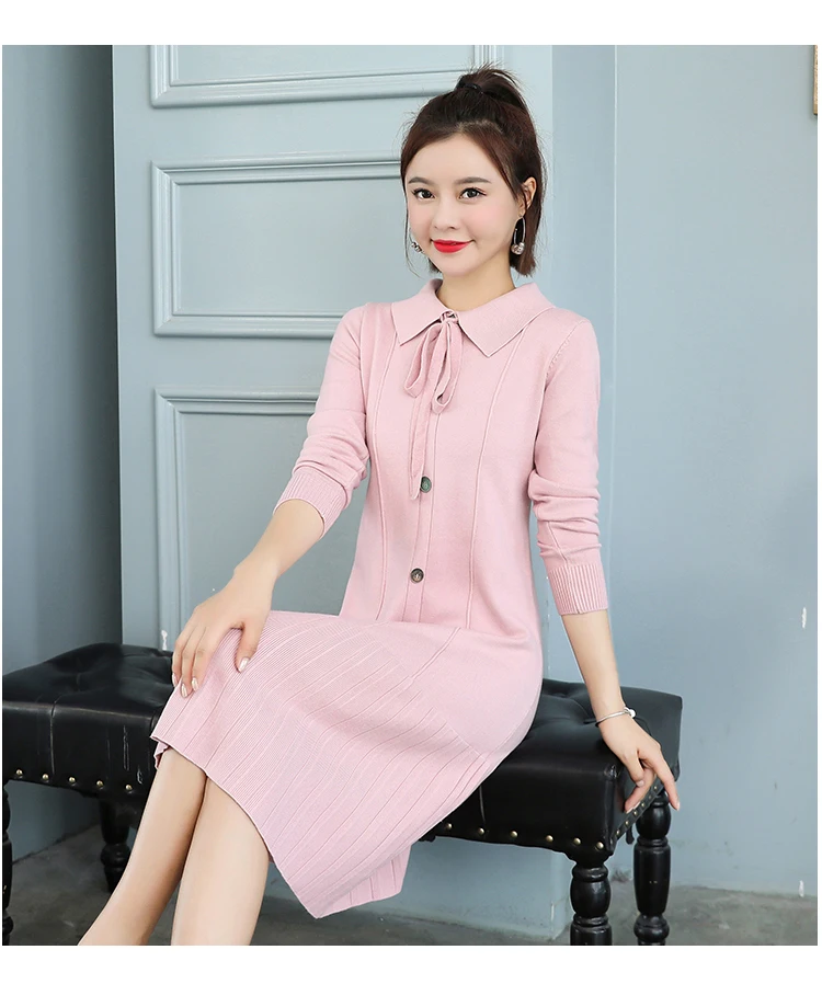 Bowknot Women Knit Dress Turn Down Pleated Hem Midi Knit Dress Korean Sweet Elegant Slimming Autumn Winter Women Dress