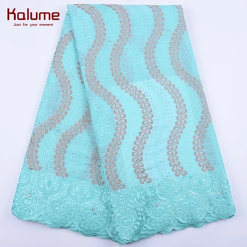 

Kalume New Arrival African Swiss Cotton Lace Fabric Cyan Swiss Voile Lace Fabric With Stones For Nigerian Daily Dress Party 2008