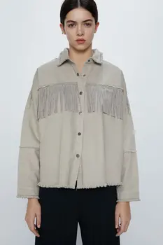 

2020 Spring Summer European cotton tassel zaraing women Jeans jacket Coat sheining vadiming female jacket Mink Color Cdc9629