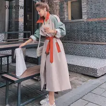 

Contrast Stitching Windbreaker Women's Middle Long 2021 Spring Autumn Clothing Korean Version Loose Belt Trench Coat For Women