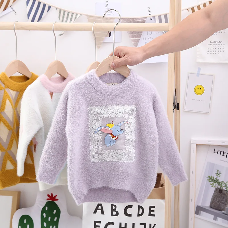 Корейский стиль; детская одежда; свитер для девочек; коллекция года; сезон осень-зима; стиль; детская одежда с аппликацией слона из искусственного меха норки и кашемира; Se