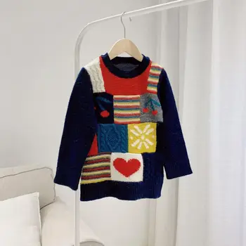 

Presale 10.30 kids clothes Autumn winter new Girls' dark navy blue jacquard sweater Crew neck pullover cotton Fashion sweater