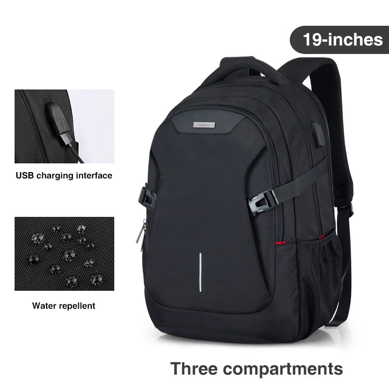3 Compartment 19inch Унисекс, женский и мужской рюкзак для ноутбука, деловая дорожная сумка для мальчиков и девочек, школьная сумка, большая емкость, USB порт, водонепроницаемый, черный, 19 дюймов, H6851 - Цвет: 3 Compartment 19inch