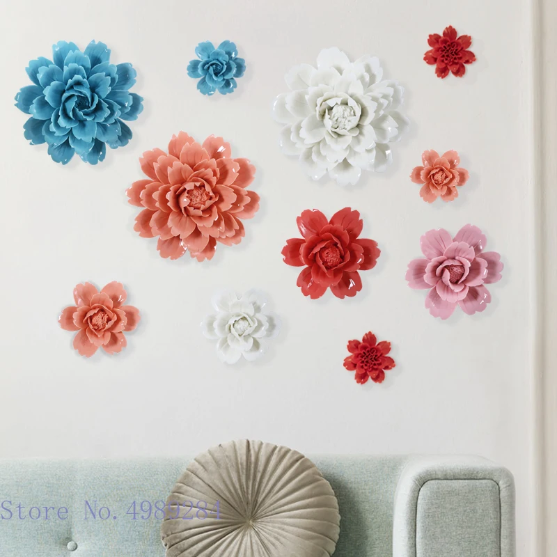 Creative Ceramic Flowers Peony Background Wall Hanging Decoration 3D Relief Handmade Ceramic Crafts Living Room Background Wall 3