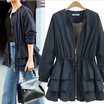 

2019 Plus Size Ruffles Winter Trench Women Waistcoat Belt Trench Dress Outwear O Neck Patchwork Zipper Solid Casual Trench Coat