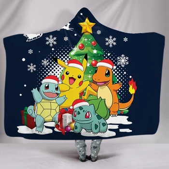 

Merry Christmas Snowflake Print Sherpa Fleece Blanket Pikachu Anime Home Wearable Hooded Throw Blanket for Home Travel 150x200cm