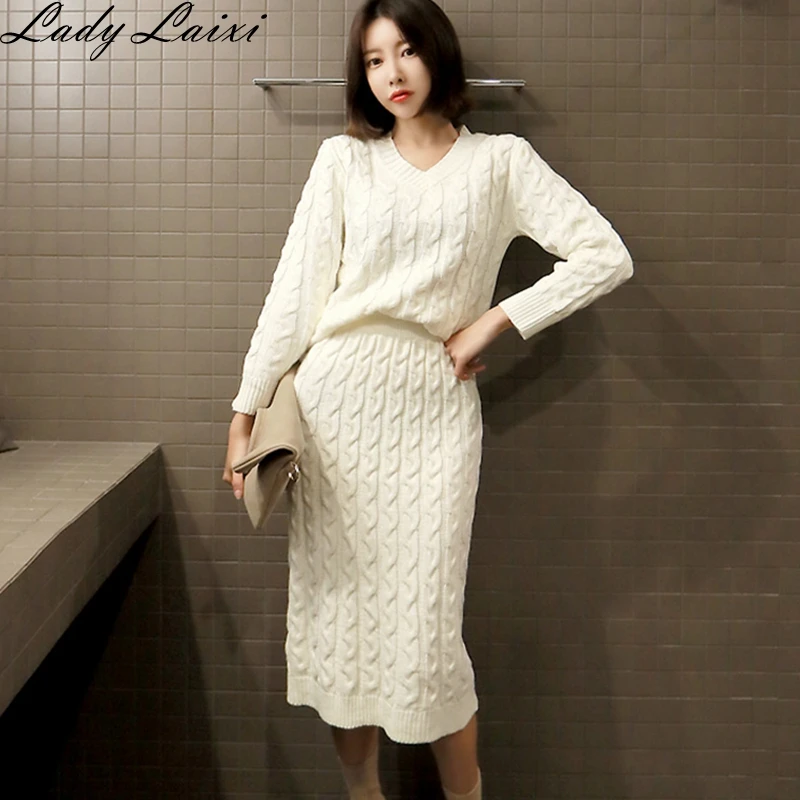 

2019 Autumn Winter Women Warm 2piece Skirt Suits New Fashion Solid Color Knitting Sweater Tops + Midi Bodycon pencil Skirt Set