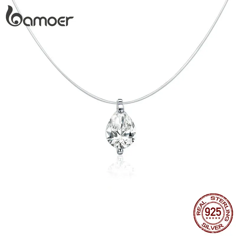 Bamoer, 925 пробы, серебряное, невидимое колье, ожерелье для женщин, капля воды, квадратный треугольный кулон, ожерелье для женщин, Bijoux SCN332-D