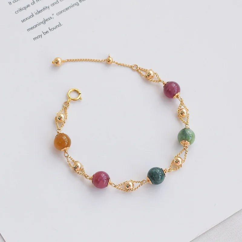 

Sweet Natural Candy Tourmaline Crystal Lucky Beads Bracelets Women's 14k Gold INS Non-mainstream Design Normcore Style Bracelets