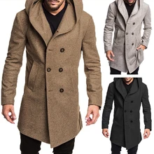 Models Winter British Style Men's Wool Coat Design Zipper Long Trench Coat Hooded Woolen Coat Men