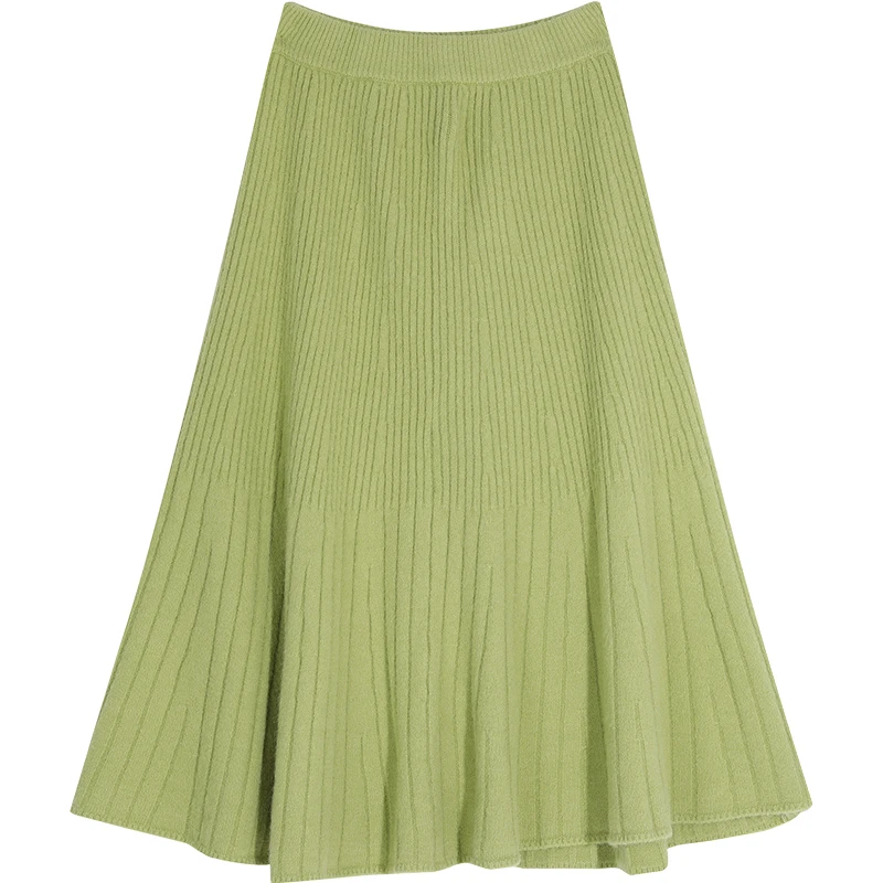 SAM'S TREE Multicolor Solid Minimalist Style Knitted Long Skirt Women Winter Pure High Waist Casual Office Ladies Skirts - Цвет: Зеленый