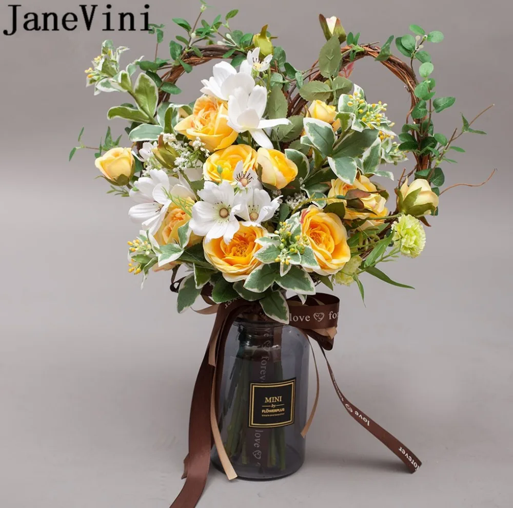 JaneVini Yellow Heart-shaped Brides Bouquet Wedding Flowers Silk Rose Artificial Bridal Bouquets Handle Brooches ramo rosas