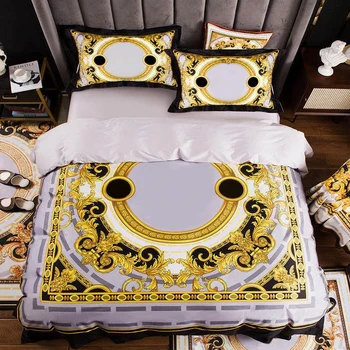 

High-end French Italy Design Yellow Pattern Print 4PCS King Queen Size Quilts White Blue Gold Bed sheet Luxury Bedding Sets