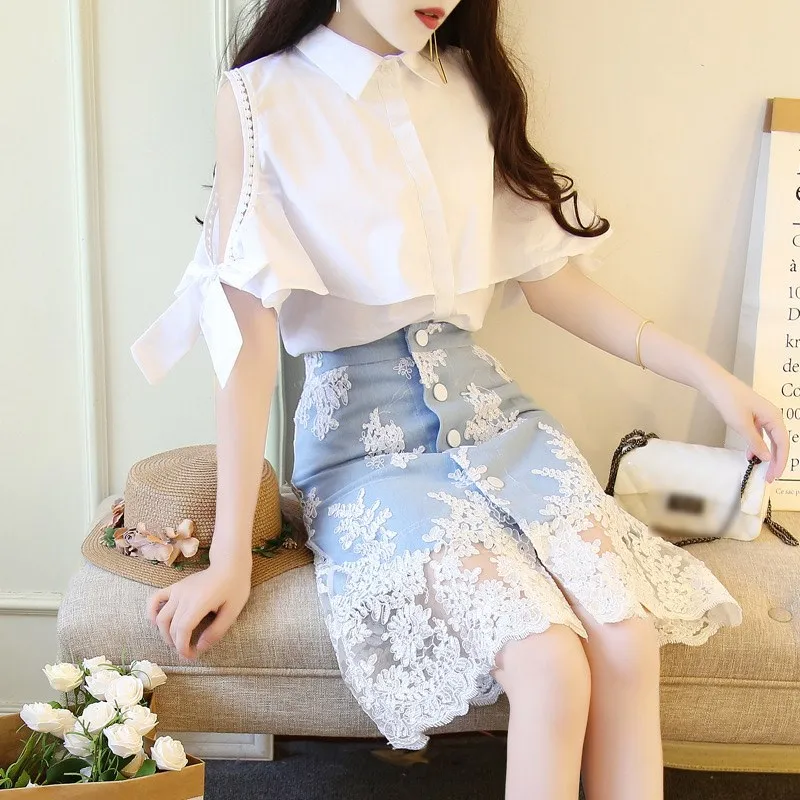 New Summer Women Embroidery Lace Skirt Set Sweet 2 Piece Half Sleeve Bowknot Shirts And Denim Midi Skirt Suit