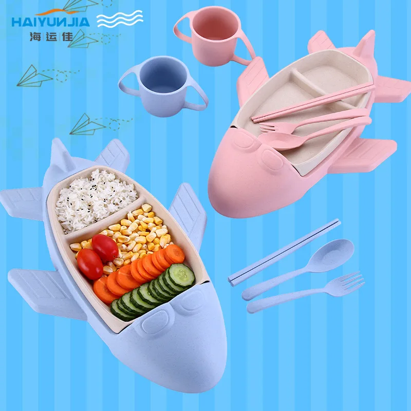 

Creative Cartoon Airplane Children Container Wheat Drop-resistant Seperated Container Baby Nutrition Plate Tableware Set