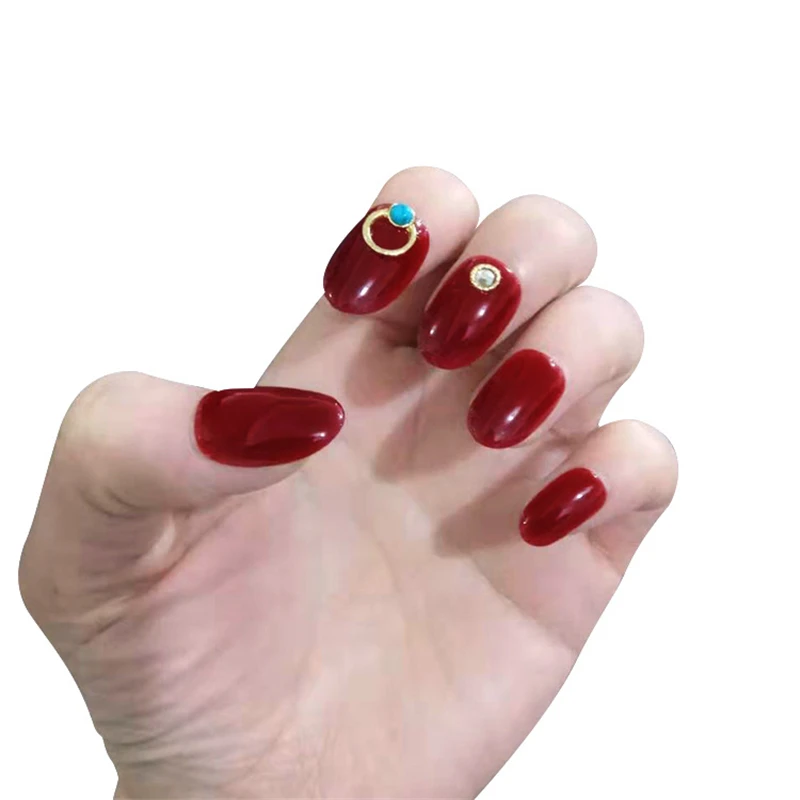 Nusx 24pcs Beautiful Full Cover Diamond Crystal Fake Nails With Diamond Stiletto Round Head Red False 5
