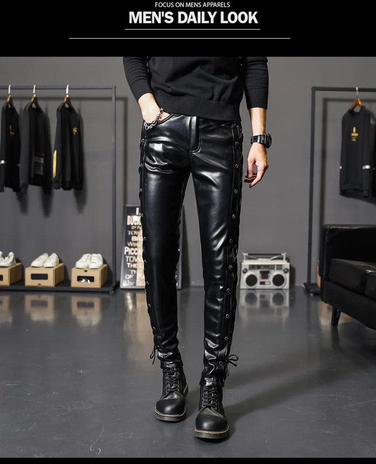 Description Picture 2 of itemHOO 2024 Men's New Threading Decorative Leather Pants Youth Personality Motorcycle Pants Black PU Leather Pants