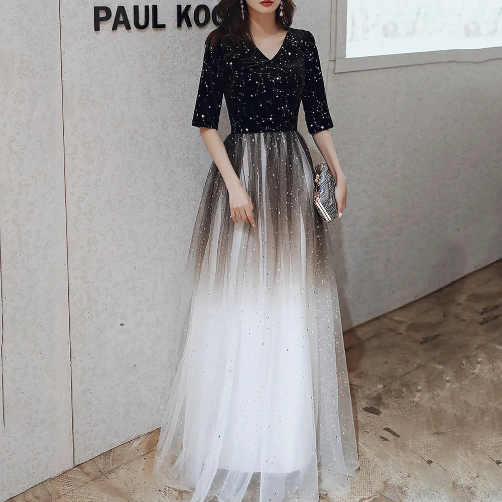 

Prom Dresses Long Mesh Sweets Sequins Gradient Star Half Sleeve Patchwork V-Neck Floor-Length Women Prom Party Dress
