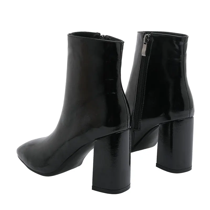 Najtaniej 2019 damskie jesienne botki Faux Leather bardzo wysokie obcasy botki Fashion Square Toe Zipper buty zimowe czarny biały