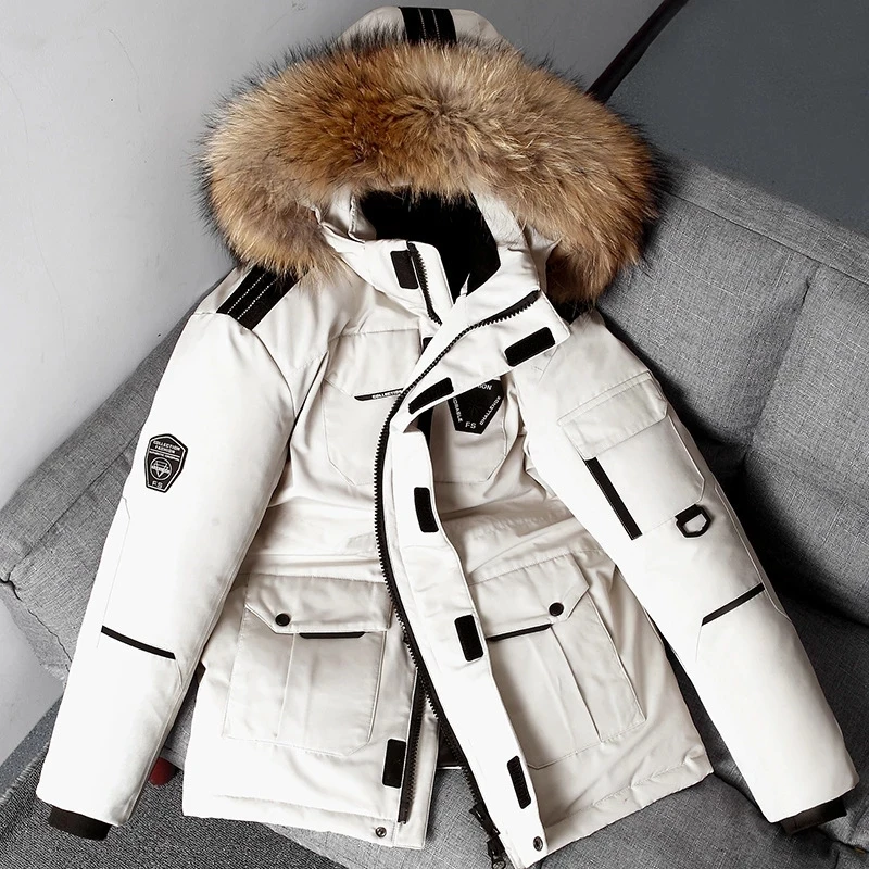 Chaqueta de plumón cálido para hombre, abrigo informal con cuello levantado, gorro grueso, Parka de pato blanco, resistente al viento, para invierno y otoño